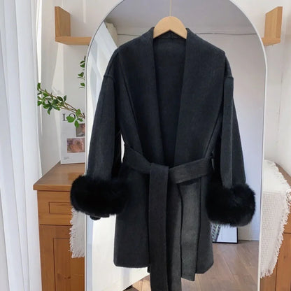 Belted Faux Fur Short Women's Coat