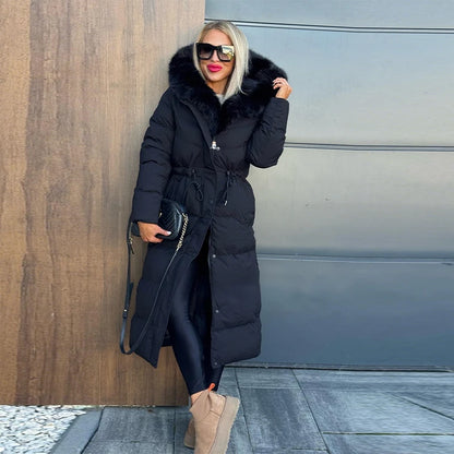 Wool Collar Hooded Women's Winter Coat