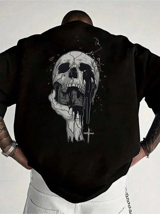 T-shirt hip-hop in cotone da uomo con stampa teschio 