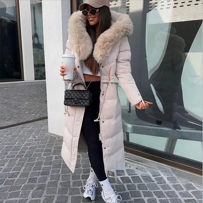 Wool Collar Hooded Women's Winter Coat