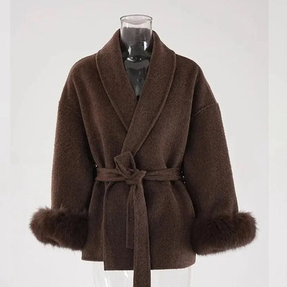 Belted Faux Fur Short Women's Coat