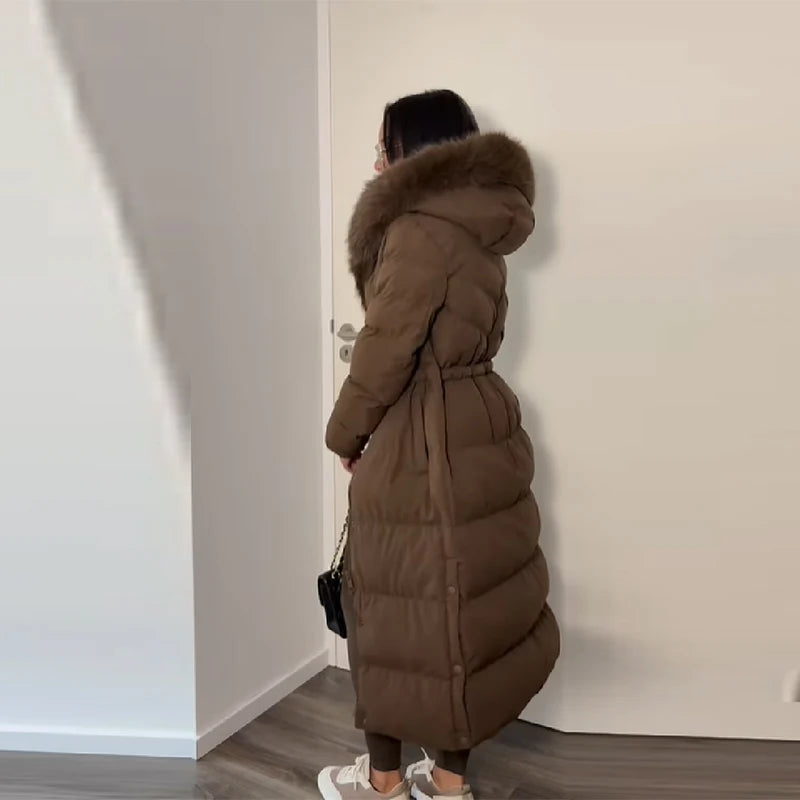 Wool Collar Hooded Women's Winter Coat
