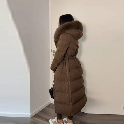 Wool Collar Hooded Women's Winter Coat