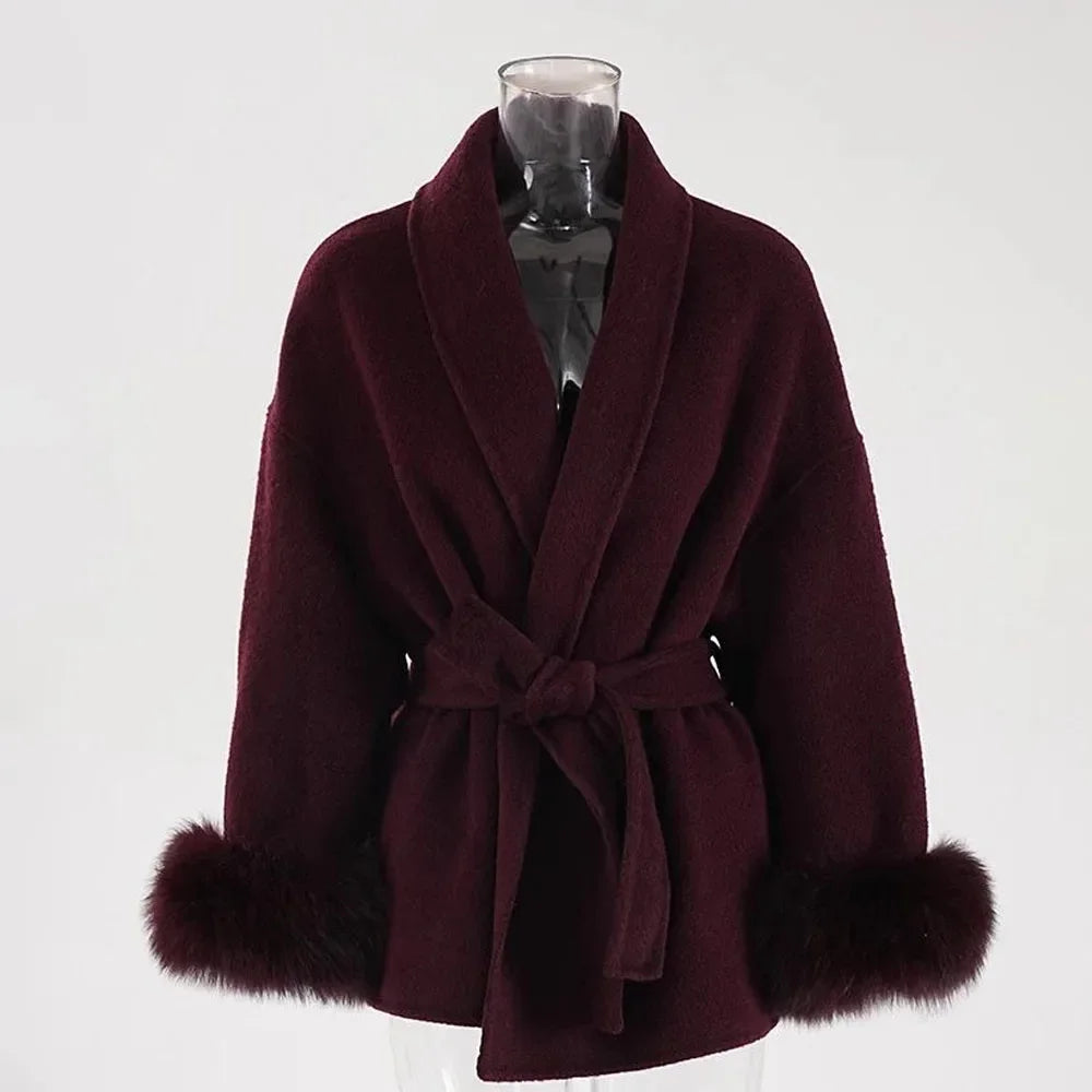 Belted Faux Fur Short Women's Coat