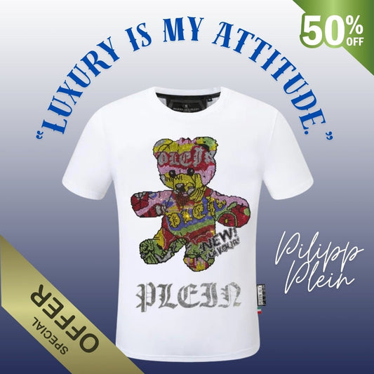 Front view of Philipp Plein luxury designer t-shirt in premium fabric with contemporary fit.